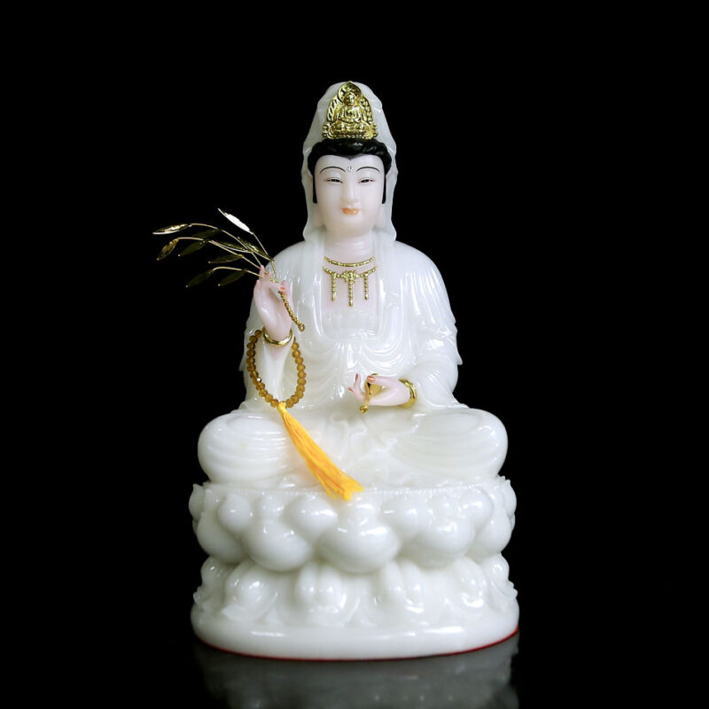 Tượng Ngài Quan Thế Âm Ngồi Đài Sen Bằng Bột Đá Trắng, Cao 35cm