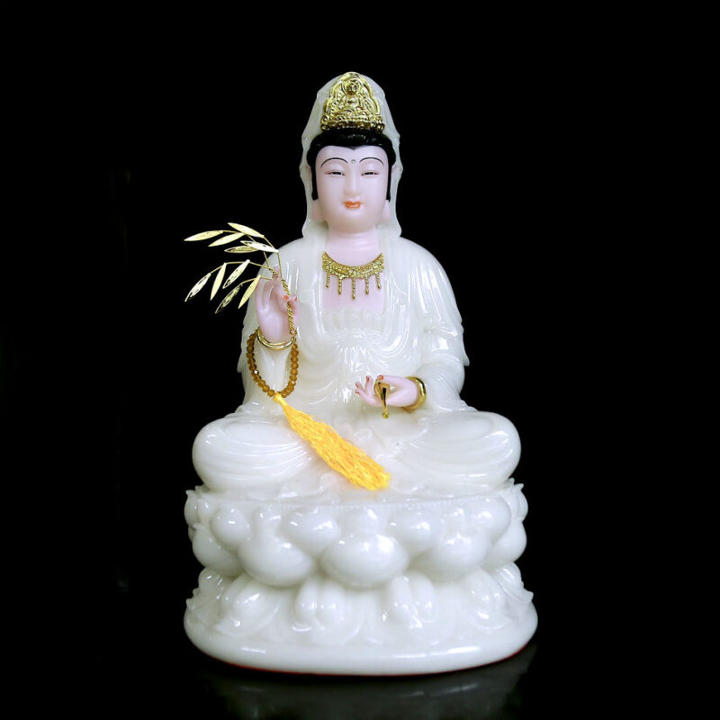 Tượng Ngài Quan Thế Âm Ngồi Đài Sen Bằng Bột Đá Trắng, Cao 40cm