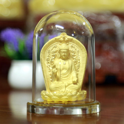 Tượng Để Xe Hình Bổn Sư Thích Ca Mâu Ni 2 Mặt, Nhung Vàng Kim Sa, Cao 11cm