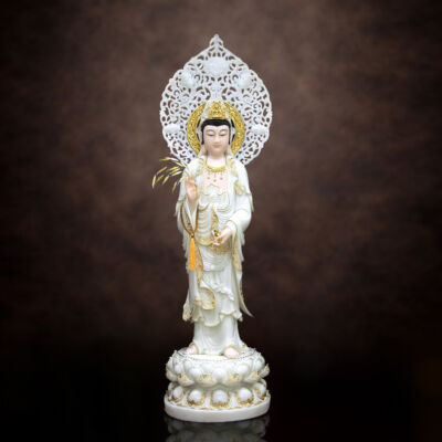 Tượng Quan Âm Bồ Tát Đứng Có Hào Quang Bằng Bột Đá Trắng Viền Vàng, Cao 105cm (Tổng Lá Đề 130cm)