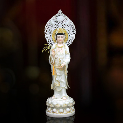 Tượng Quan Âm Bồ Tát Đứng Có Hào Quang Bằng Bột Đá Trắng Viền Vàng, Cao 105cm (Tổng Lá Đề 130cm)