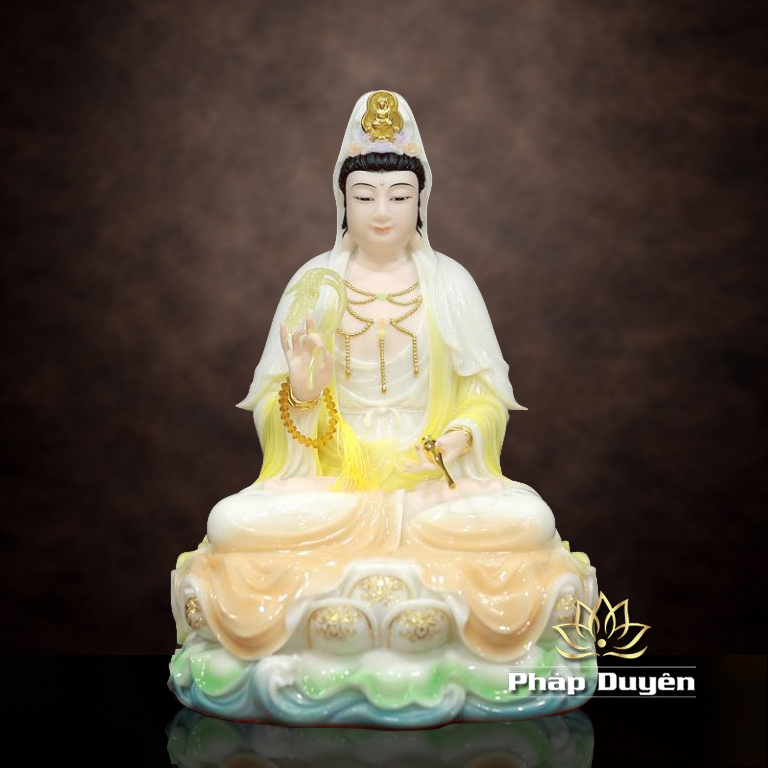 Tượng Quan Âm Bồ Tát Ngồi Non Nước, Chất Liệu Bột Đá Màu Ngọc Cẩm Thạch Viền Vàng, Cao 48cm - ảnh 10