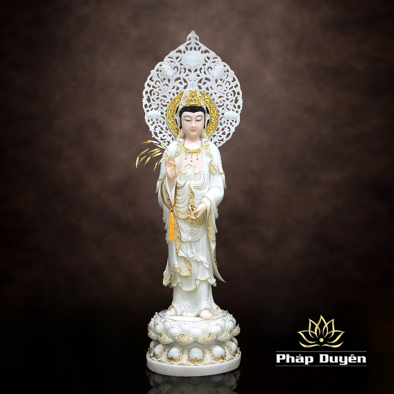 Tượng Quan Âm Bồ Tát Đứng Có Hào Quang Bằng Bột Đá Trắng Viền Vàng, Cao 105cm (Tổng Lá Đề 130cm) - ảnh 10