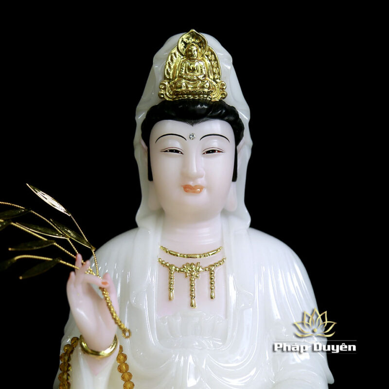 Tượng Ngài Quan Thế Âm Ngồi Đài Sen Bằng Bột Đá Trắng, Cao 35cm - Ảnh 2