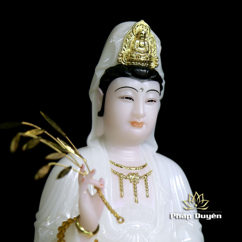 Tượng Ngài Quan Thế Âm Ngồi Đài Sen Bằng Bột Đá Trắng, Cao 35cm - Ảnh 3