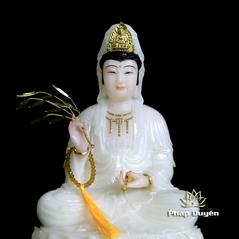 Tượng Ngài Quan Thế Âm Ngồi Đài Sen Bằng Bột Đá Trắng, Cao 35cm - Ảnh 4