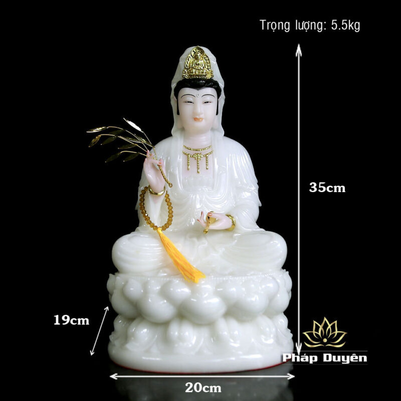 Tượng Ngài Quan Thế Âm Ngồi Đài Sen Bằng Bột Đá Trắng, Cao 35cm - Ảnh 6