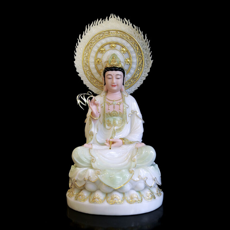 Tượng Bồ Tát Quan Âm Ngồi Đài Sen Có Lá Đề  Bằng Bột Đá Màu Thanh Thiên, Cao 66cm (Tổng Lá Đề 89cm)
