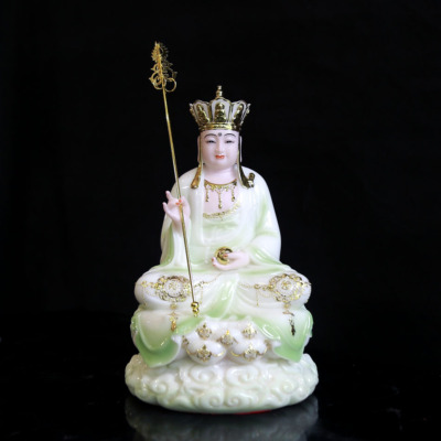 Tượng Địa Tạng Bồ Tát Ngồi Đế Mây Áo Xanh Viền Hoa Bằng Bột Đá, Cao 30cm