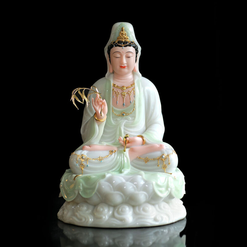 Tượng Bồ Tát Quan Âm Ngồi Đế Mây Bằng Bột Đá Màu Thiên Thanh, Cao 48cm