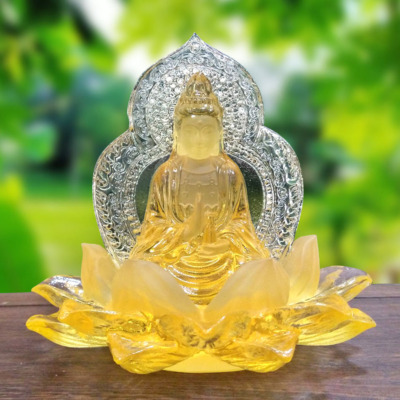 Tượng Để Xe Hình Quan Âm 2 Mặt, Chất Liệu Lưu Ly, Màu Vàng, Cao 10cm