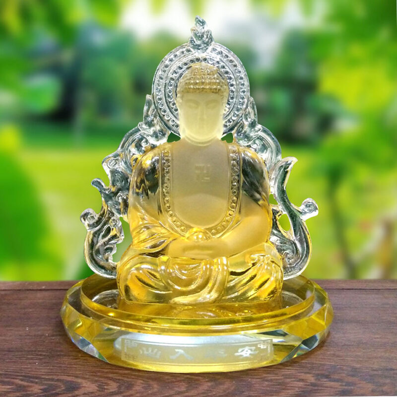 Tượng Để Xe Hình Phật Bổn Sư Thích Ca 2 Mặt, Bằng Lưu Ly Mầu Vàng, Cao 12.4cm