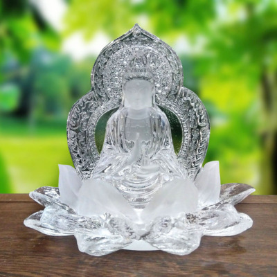 Tượng Để Xe Phật Bà Quan Âm 2 Mặt Bằng Lưu Ly Mầu Trắng, Cao 10cm