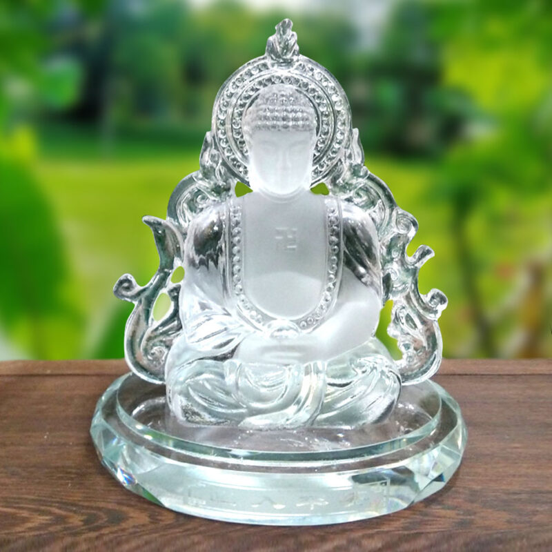 Tượng Để Xe Hình Phật Bổn Sư Thích Ca 2 Mặt, Bằng Lưu Ly Mầu Trắng, Cao 12.4cm