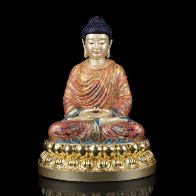 Tượng Bổn Sư Thích Ca Áo Đỏ Ngồi Đài Sen Bằng Đồng Vẽ Gấm, Cao 48cm