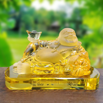 Tượng Để Xe Bồ Tát Di Lặc Bằng Lưu Ly Mầu Vàng, Kích Thước 8x13.5cm