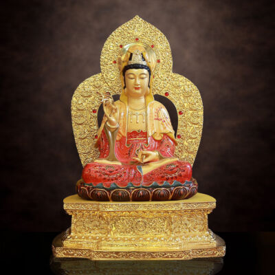 Tượng Quan Âm Ngồi Đài Sen, Đế Vuông, Bằng Đồng Mạ Vàng, Cao 48cm (Tổng Lá Đề 58cm)