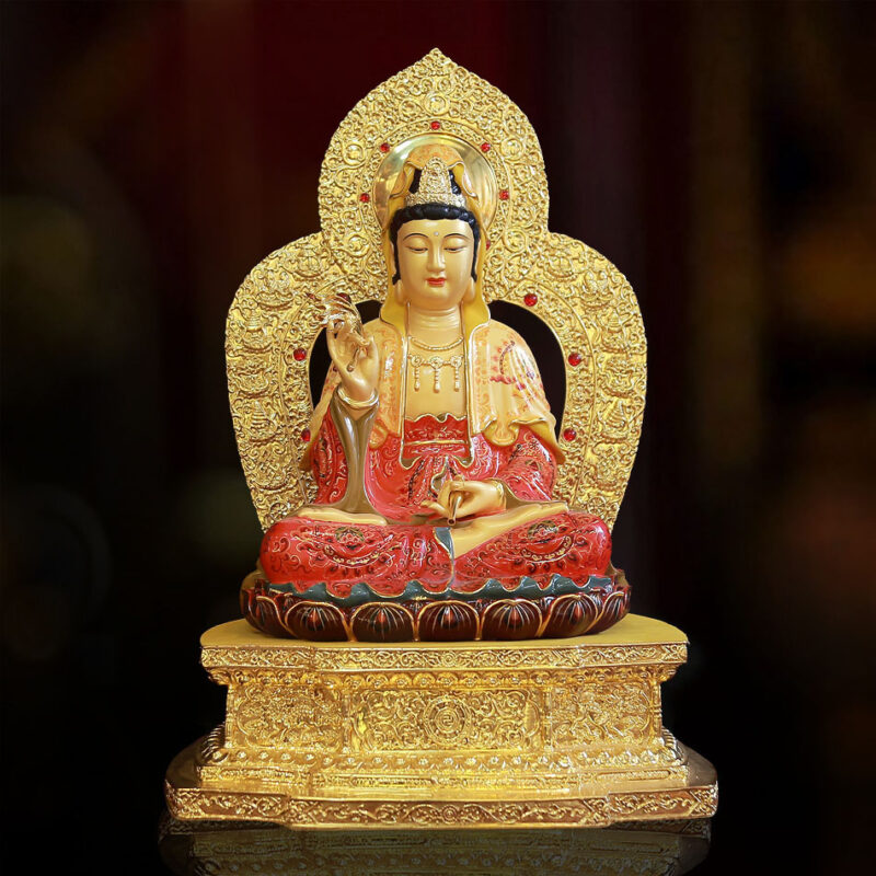 Tượng Quan Âm Ngồi Đài Sen, Đế Vuông, Bằng Đồng Mạ Vàng, Cao 48cm (Tổng Lá Đề 58cm)