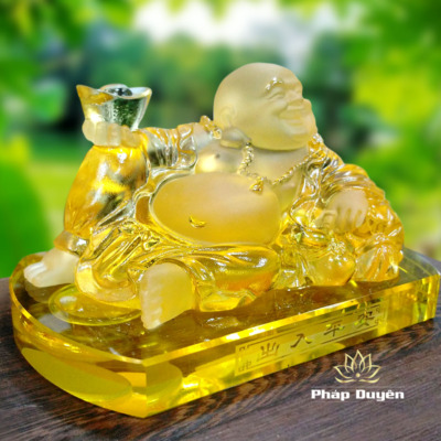 Alternative view of Tượng Để Xe Bồ Tát Di Lặc Bằng Lưu Ly Mầu Vàng, Kích Thước 8x13.5cm