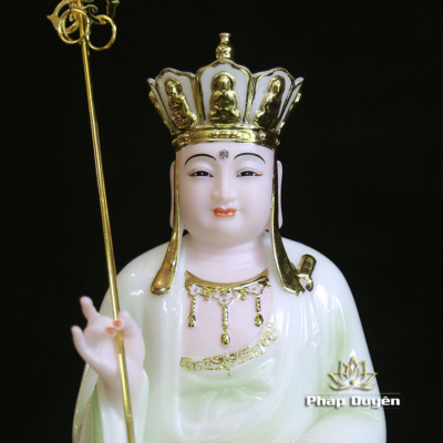 Alternative view of Tượng Địa Tạng Bồ Tát Ngồi Đế Mây Áo Xanh Viền Hoa Bằng Bột Đá, Cao 30cm