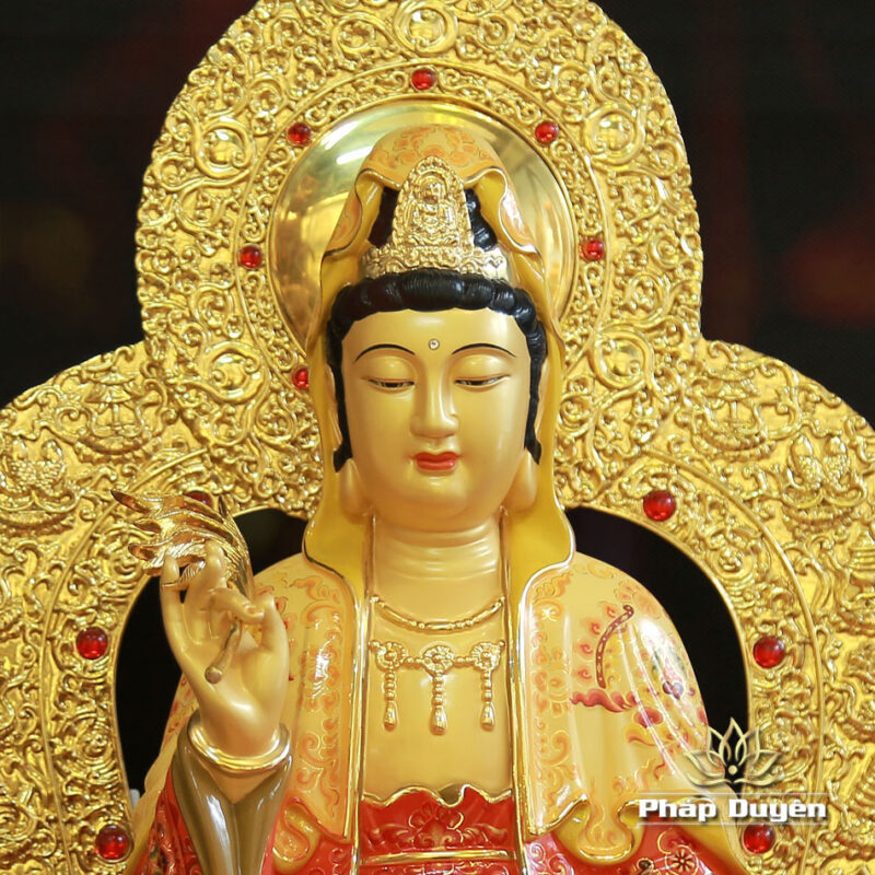 Tượng Quan Âm Ngồi Đài Sen, Đế Vuông, Bằng Đồng Mạ Vàng, Cao 48cm (Tổng Lá Đề 58cm) - Ảnh 2