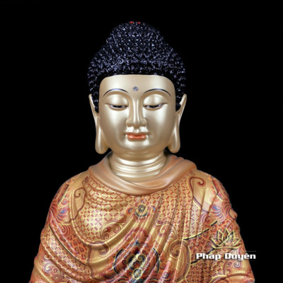 Alternative view of Tượng Bổn Sư Thích Ca Áo Đỏ Ngồi Đài Sen Bằng Đồng Vẽ Gấm, Cao 48cm