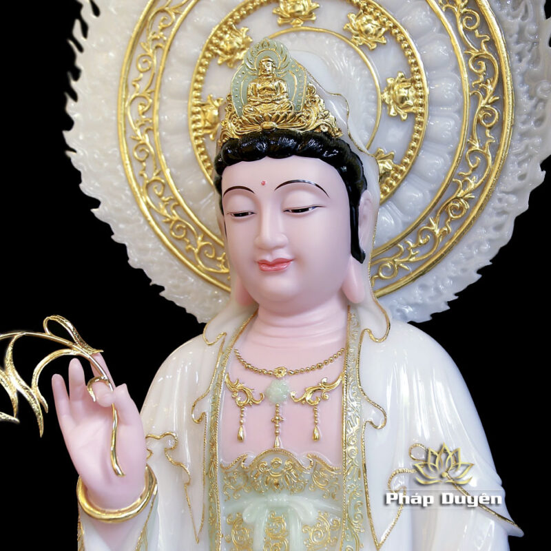 Tượng Bồ Tát Quan Âm Ngồi Đài Sen Có Lá Đề  Bằng Bột Đá Màu Thanh Thiên, Cao 66cm (Tổng Lá Đề 89cm) - Ảnh 3