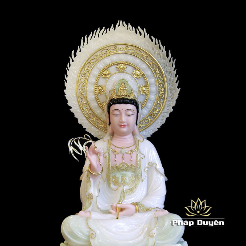 Tượng Bồ Tát Quan Âm Ngồi Đài Sen Có Lá Đề  Bằng Bột Đá Màu Thanh Thiên, Cao 66cm (Tổng Lá Đề 89cm) - Ảnh 4