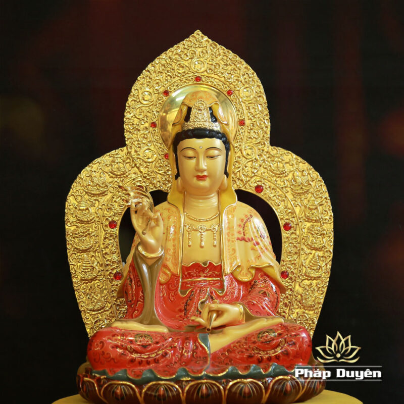 Tượng Quan Âm Ngồi Đài Sen, Đế Vuông, Bằng Đồng Mạ Vàng, Cao 48cm (Tổng Lá Đề 58cm) - Ảnh 4