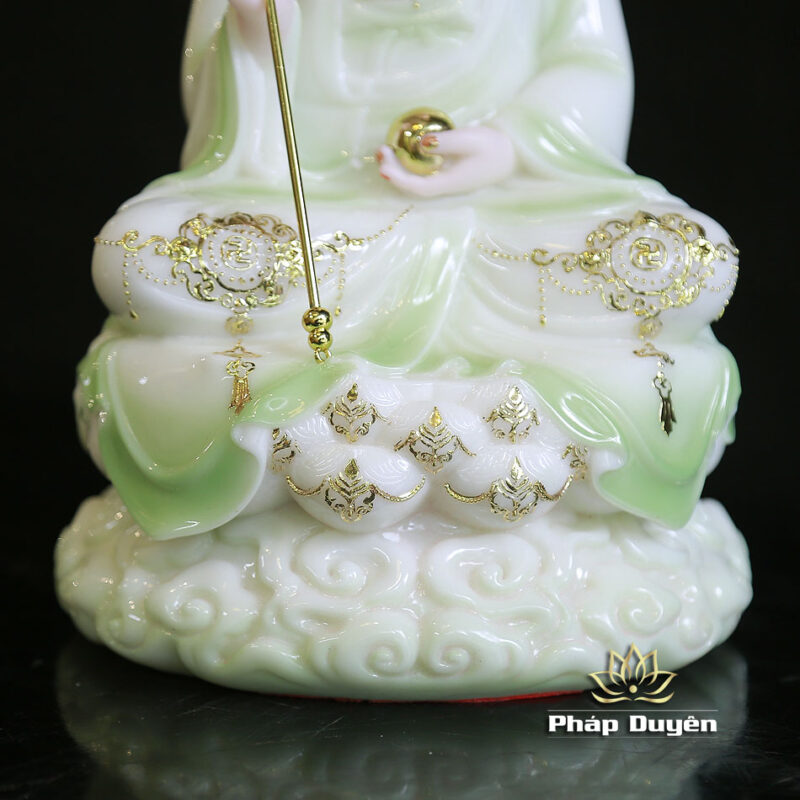 Tượng Địa Tạng Bồ Tát Ngồi Đế Mây Áo Xanh Viền Hoa Bằng Bột Đá, Cao 30cm - Ảnh 5