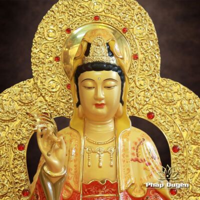 Hình chi tiết của Tượng Quan Âm Ngồi Đài Sen, Đế Vuông, Bằng Đồng Mạ Vàng, Cao 48cm (Tổng Lá Đề 58cm)