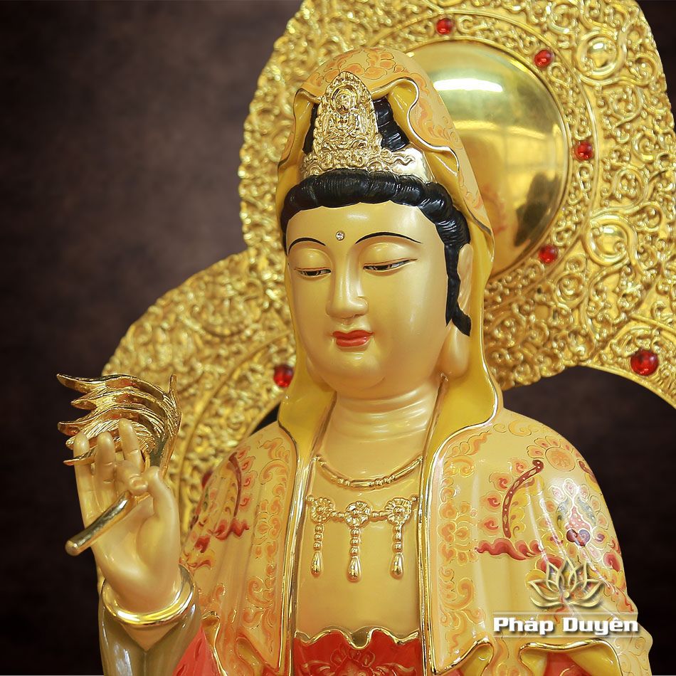 Tượng Quan Âm Ngồi Đài Sen, Đế Vuông, Bằng Đồng Mạ Vàng, Cao 48cm (Tổng Lá Đề 58cm) - ảnh 12