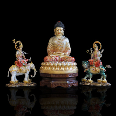 Bộ Tượng Hoa Nghiêm Tam Thánh Bằng Đồng Sơn Men Cổ, Cao 48cm