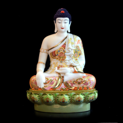 Tượng Phật Thích Ca Ngồi Đài Sen, Bằng Đá Ngọc Hán Bạch Vẽ Gấm, Cao 66cm