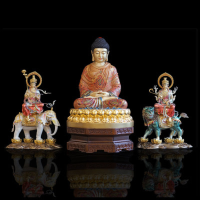 Bộ Tượng Hoa Nghiêm Tam Thánh Bằng Đồng Vẽ Gấm, Đế Tròn Cao 48cm