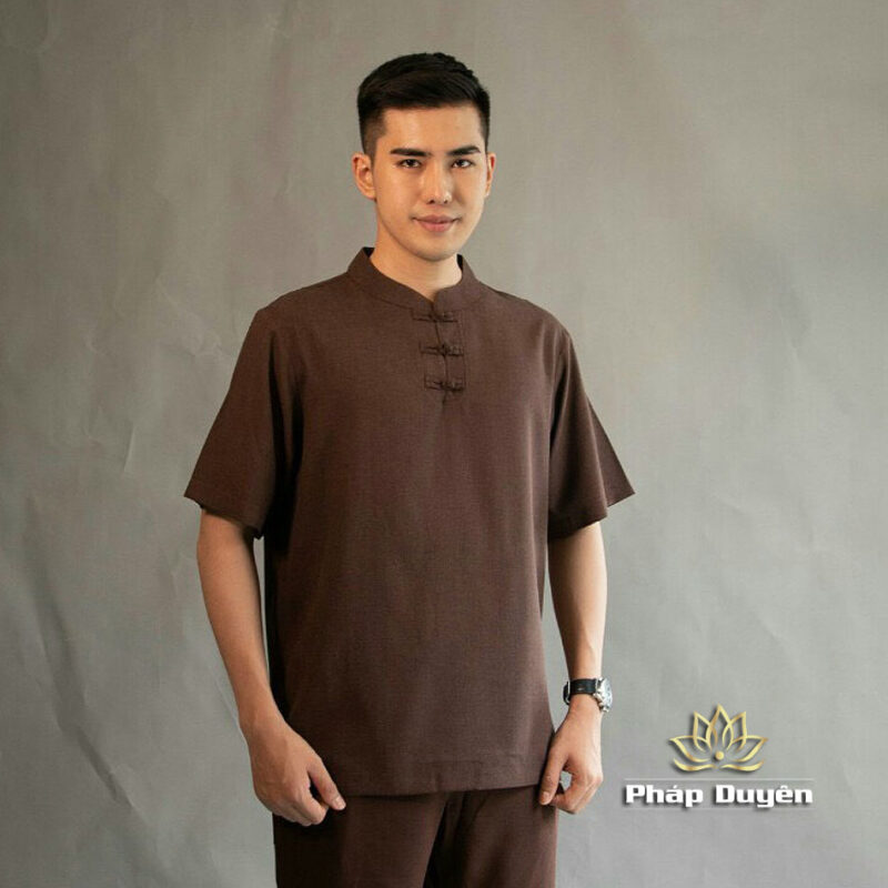 Bộ Cư Sĩ Nam Cổ Trụ Tay Ngắn Vải Linen, Màu Nâu Đen, Nhiều Size - Ảnh 2