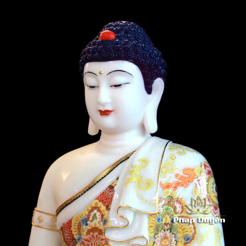 Tượng Phật Thích Ca Ngồi Đài Sen, Bằng Đá Ngọc Hán Bạch Vẽ Gấm, Cao 66cm - Ảnh 3