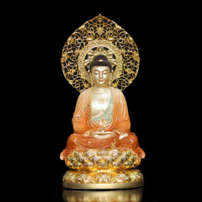 Tượng Bổn Sư Thích Ca Ngồi, Bằng Đồng Sơn Men Độ Cao, Cao 40cm (Tổng Hào Quang 50cm)