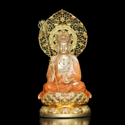 Tượng Địa Tạng Vương Bồ Tát Ngồi Đài Sen Bằng Đồng Sơn Men Độ Cao, Cao 40cm (Tổng Hào Quang 50cm)