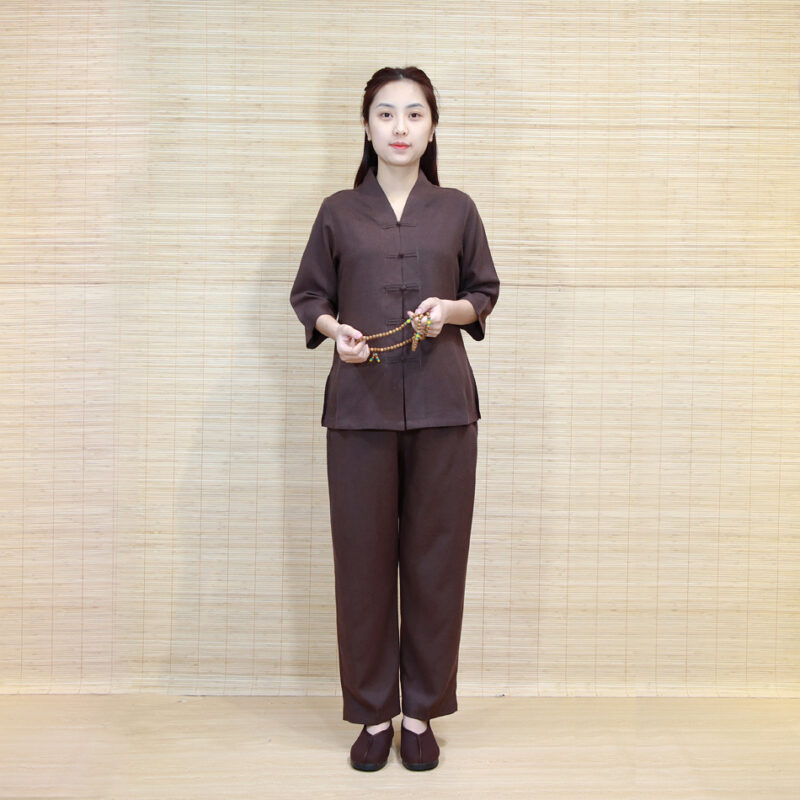 Bộ Nữ Cổ Liền Xẻ Giữa Vải Linen, Màu Nâu Đen