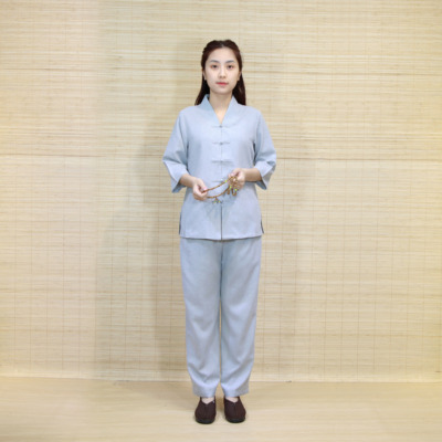Bộ Nữ Cổ Liền Xẻ Giữa Vải Linen, Màu Xám, Size XS, S, M, L, XL