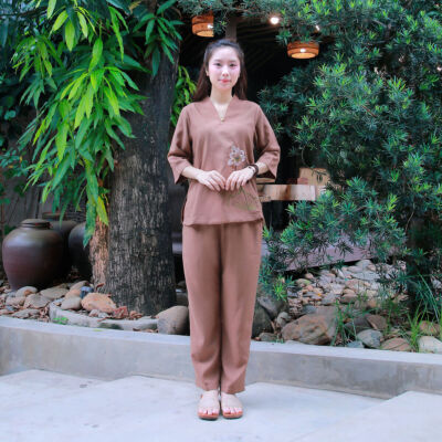 Bộ Nữ Cổ Liền 1 Nút Vải Linen Màu Nâu, Nhiều Size