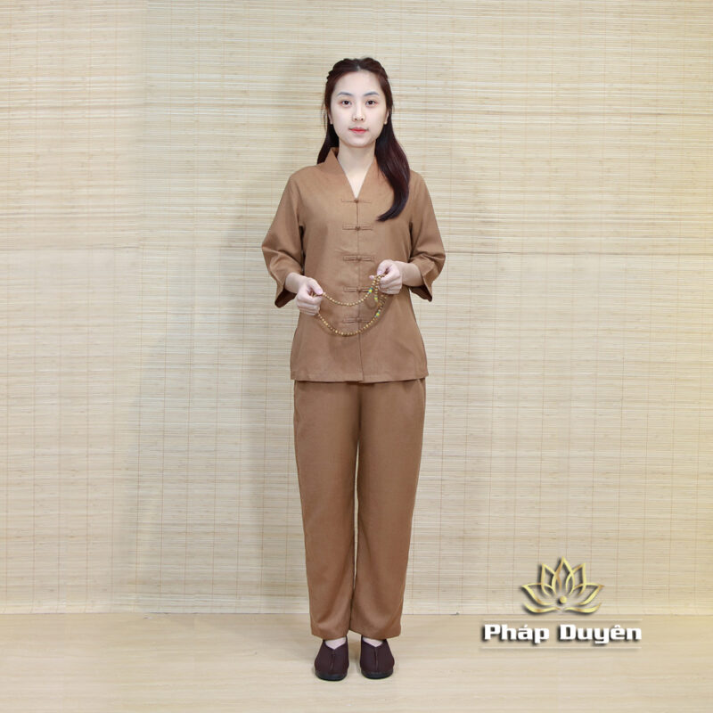 Bộ Nữ Cổ Liền Xẻ Giữa Vải Linen Hàn Quốc, Màu Nâu, Size S, M, L, XS - Ảnh 2