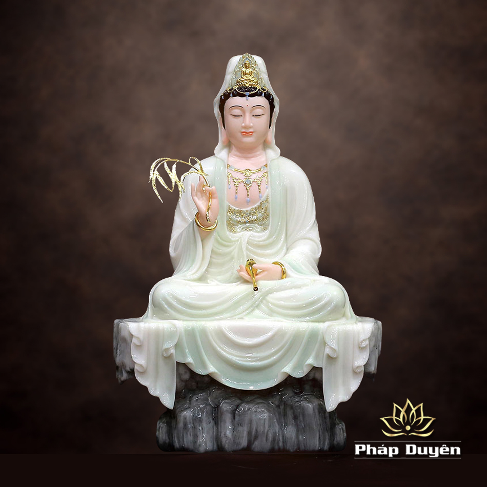Tượng Quan Thế Âm Ngồi Tự Tại Bằng Bột Đá Cẩm Thạch Màu Thiên Thanh, Cao 40-66cm - ảnh 11