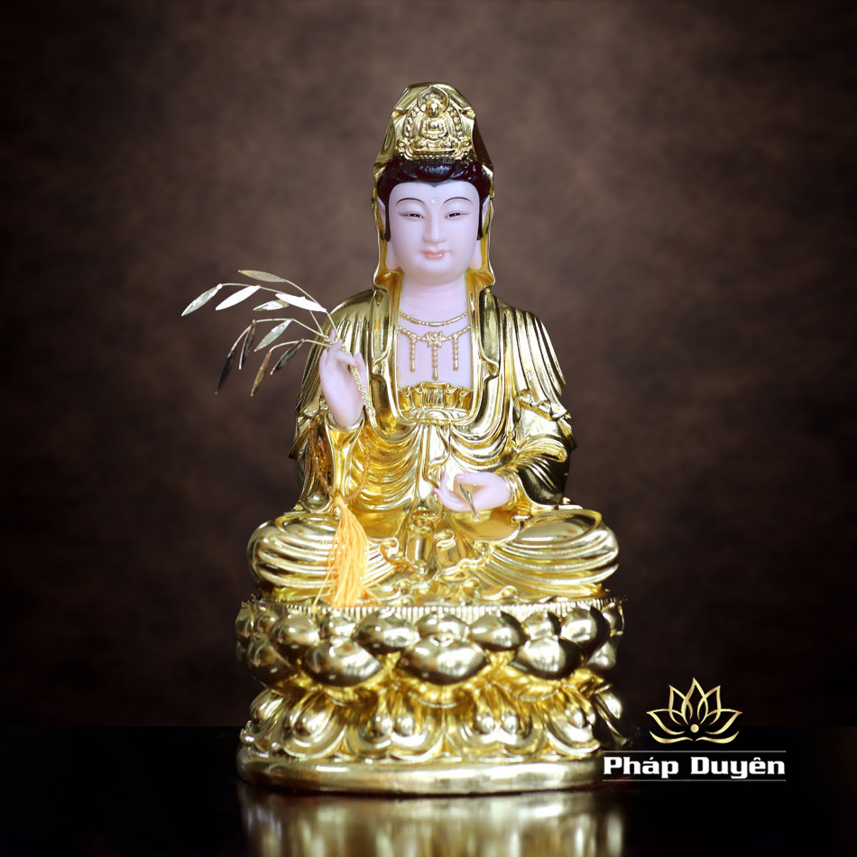 Tượng Quán Thế Âm Ngồi Đài Sen, Bằng Bột Đá Dát Vàng, Cao 36cm - ảnh 9