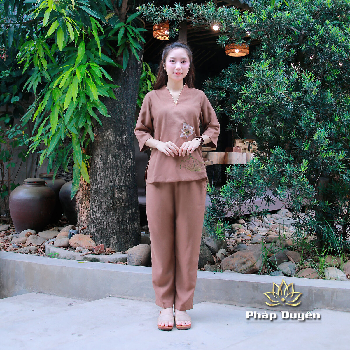 Bộ Nữ Cổ Liền 1 Nút Vải Linen Màu Nâu, Nhiều Size - ảnh 11