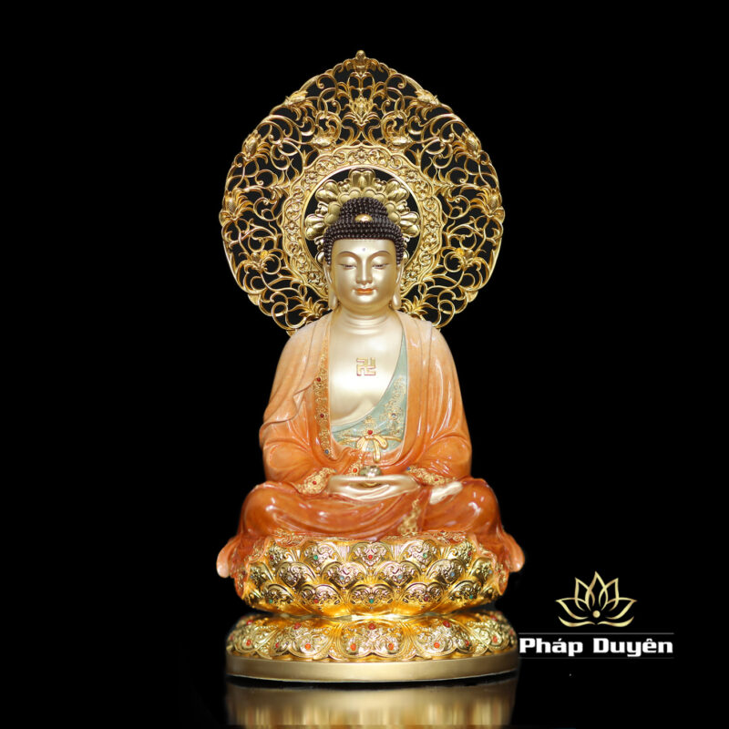 Bộ Tượng Ta Bà Tam Thánh Ngồi Đài Sen Bằng Đồng Sơn Men Độ Cao, Cao 40cm (Tổng Hào Quang 50cm) - Ảnh 2