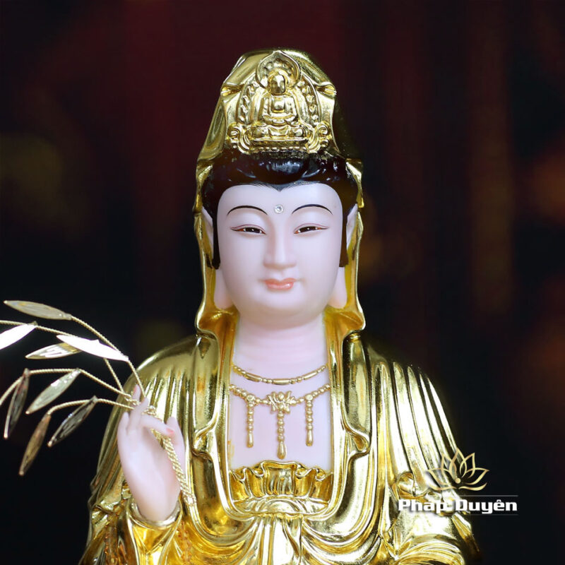 Tượng Quán Thế Âm Ngồi Đài Sen, Bằng Bột Đá Dát Vàng, Cao 36cm - Ảnh 2