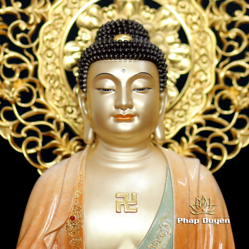 Bộ Tượng Ta Bà Tam Thánh Ngồi Đài Sen Bằng Đồng Sơn Men Độ Cao, Cao 40cm (Tổng Hào Quang 50cm) - Ảnh 3
