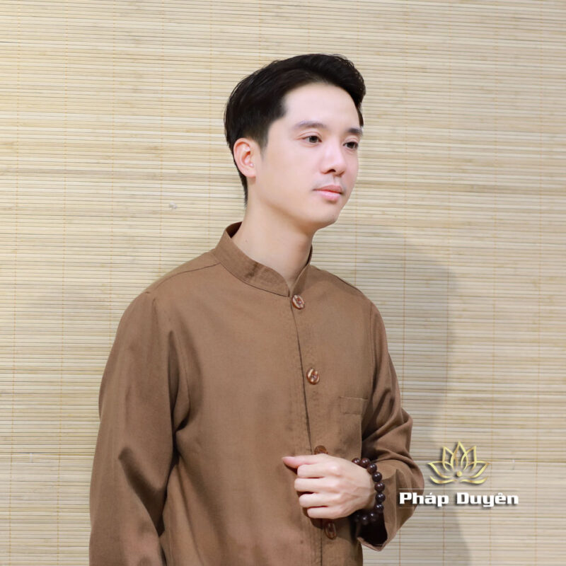 Bộ Quần Áo Cư Sĩ Nam Dài Tay, Vải Linen Màu Nâu Nút Nhựa, Size S, M, L, XL - Ảnh 2